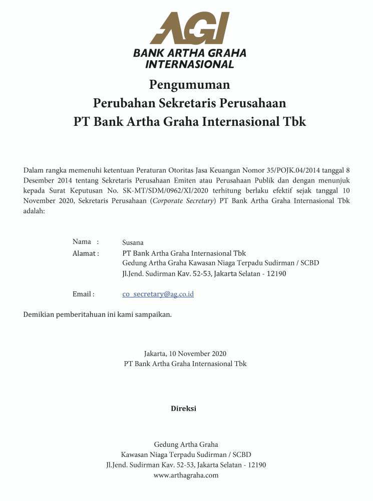 Artha Graha Pengumuman Perubahan Sekretaris Perusahaan Pt Bank Artha Graha Internasional Tbk